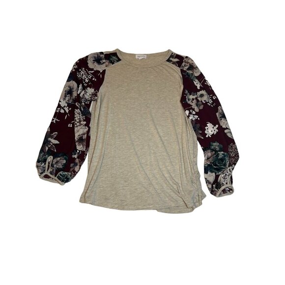 Hailey & Co. Womens Floral Sleeve Raglan Top‎ Size L Beige & Burgundy - Picture 1 of 5